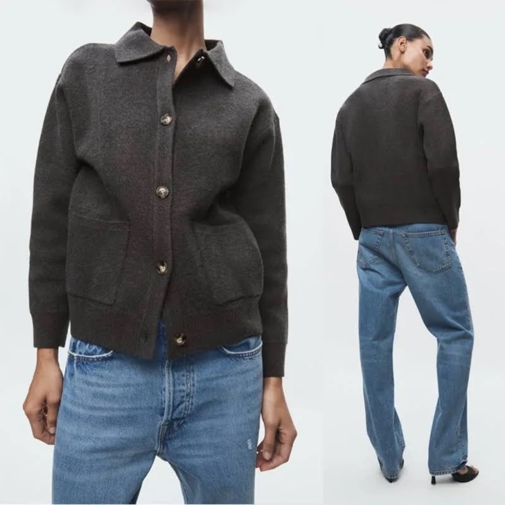 Zara polo knit gray cardigan medium